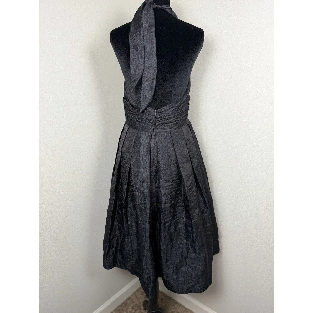Adrianna Papell Black Halter Cocktail Dress Size 12 Pleated Satin Fit & Flare - Picture 2 of 13